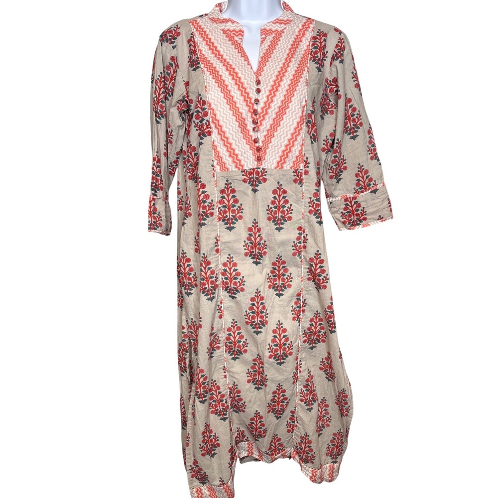 Womens Beige Orange Floral Kurta Tunic Dress L Good Boho Indian Style